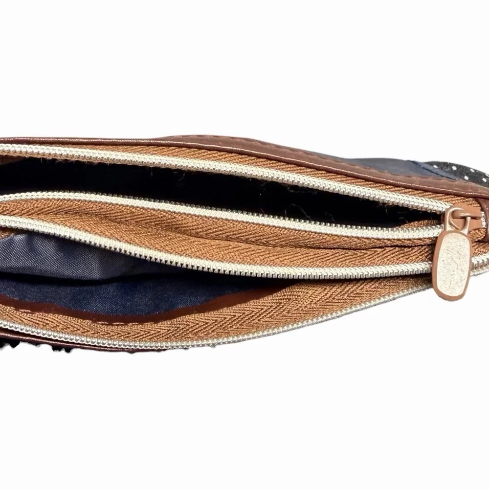 Vintage‎ Navy Blue Nylon Double Zip Pencil Pouch Cosmetic Bag Travel Case